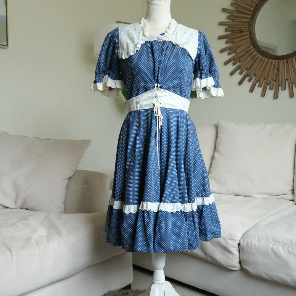 Vintage Disenos De Munoz Blue Western Square Dance Polka Dot Dress